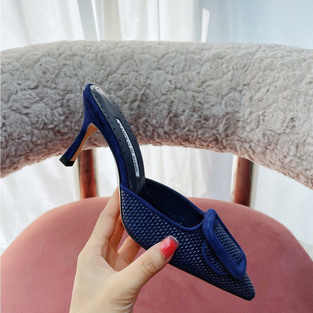 Manolo Blahnik Royal Blue Woven Pointed-Toe Mules with Buckle - Picture 4 of 8